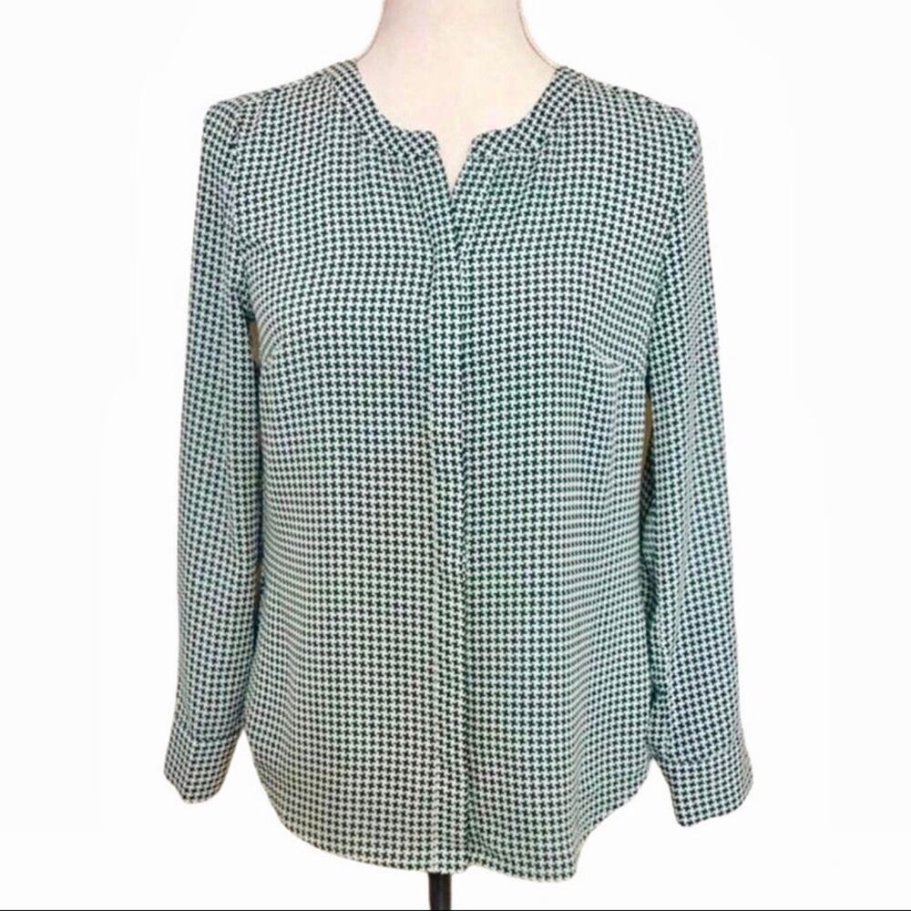 Talbots Green & White Blouse Houndstooth Button Up Long Sleeve